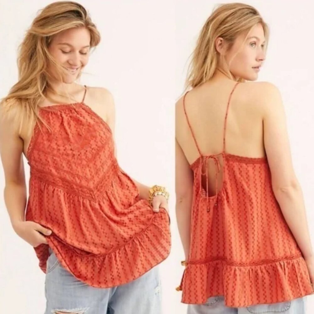 Free People "Elisa" Orange Embroidered Babydoll Halter Tank